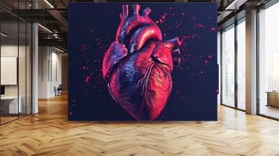 pop art style , anatomic  red heart on dark background, banner wallpaper valentine  concept Wall mural