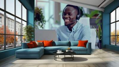 portrait illustration of a black young man working in a call center, smiling and posing on camera, with headset ,office background lights, helpdesk, customer satisfaction, telemarketing Wall mural