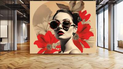 surreal collage of an iconic  woman model with sunglasses surrounded by flowers, red mood colors, generaitve ai illustration Wall mural