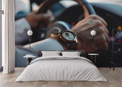  man in white shirt driving car, close up of hand on steering wheel wearing luxury watch Wall mural