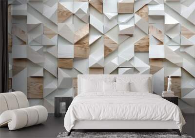 3d render of white and wood geometric seamless pattern with interlocking triangles creating an illusionary scene Wall mural