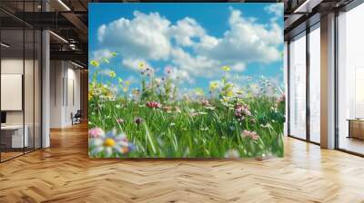 3D rendering of a grassy meadow with colorful wildflowers on a blue sky background. A beautiful spring or summer landscape with a field and yellow, white flowers. A concept for nature, environment  Wall mural