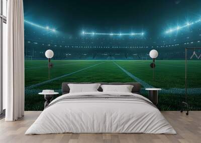 3D rendering of an empty soccer stadium with bright lights and a grass field at night. In the style of a background banner design template for a football match or championship concept Wall mural