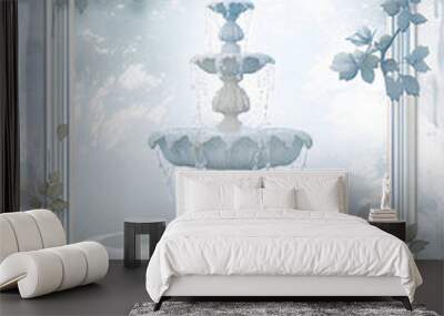 A beautiful vintage border with an ornate water fountain in the center, surrounded by a misty garden. The background is light blue and white, creating a dreamlike atmosphere Wall mural