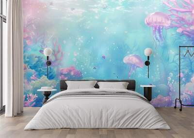 a pastel rainbow background with underwater scene, colorful coral reefs and playful fish swimming around the frame, This backdrop would be perfect for children's birthday party decoration Wall mural