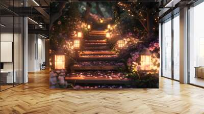 A romantic garden wedding ceremony decor with glowing candles and fairy lights, creating an enchanting atmosphere on the stone steps leading to a quaint wooden cabin surrounded by blooming roses Wall mural