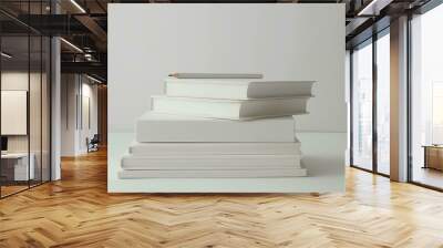 A stack of white sketchbooks and a pencil on an empty table against a white background, in a minimalistic and aesthetic style Wall mural