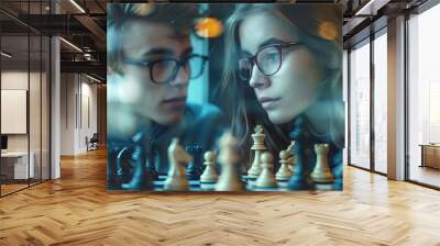 A young couple are playing chess, both focused and determined to win the game. The board features silver pieces for white on one side and gold or bronze pieces for black on the other side Wall mural