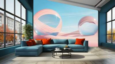 Abstract background with desert landscape and floating mirror spheres, clear sky. scene for product presentation in minimal style geometric shapes on pink sand dunes. Shiny glass ball, circle ring Wall mural