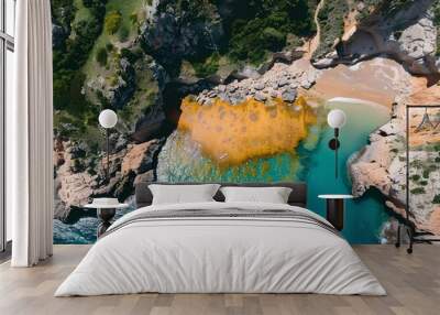 Aerial view of the rocky coast with blue water and greenery, yellow sand in a small natural pool on the cliff edge, rocks. Top down shot of the scene Wall mural