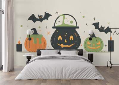 Cauldron with green potion, a pumpkin and a bat on a grey background for a Halloween festival witch brewing a potion in the simple minimalistic style  Wall mural