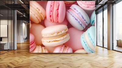 
Colorful macarons background, close-up of pastel-colored macarons stacked on top of each other, creating an abstract pattern, colorful French sweets, Wall mural