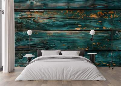 Colorful teal and brown wooden background with old wood texture. Abstract dark rustic backdrop for design, print or wallpaper Wall mural