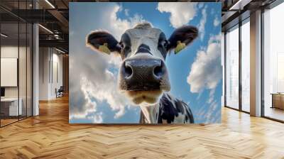 Cows in the pasture, white and black cows with yellow tags on their ears. The background is a blue sky and green grassland for animal farm environment. Wall mural