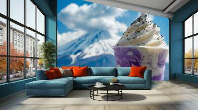 cup of ice cream with chocolate sprinkles on top in front of the breathtaking scene of Mount Fuji in Japan. The blue sky and white clouds create an enchanting backdrop for this delightful dessert  Wall mural