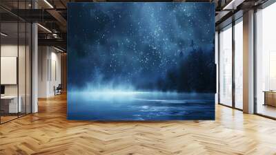 Dark fantasy winter forest. Night landscape with trees, fog, moon and rays of light. Winter background Wall mural