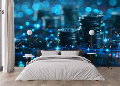 Digital background featuring stacks of coins and financial graphs with blue glowing network connections, representing digital online business or virtual finance Wall mural