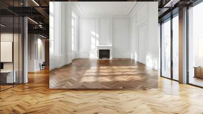 Empty living room with herringbone parquet floor and fireplace in white empty apartment in Paris, France. Wall mural