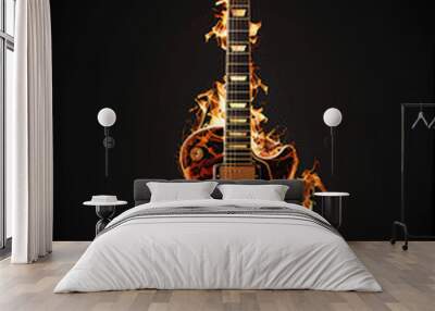 Flaming red guitar isolated on black background Wall mural