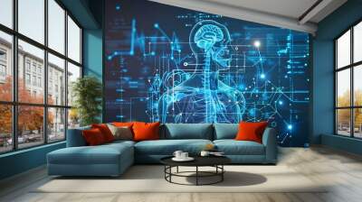 Futuristic medical illustration of human skeleton in blue background interface with graphs and charts. Data for doctor technology modern medical concept Wall mural