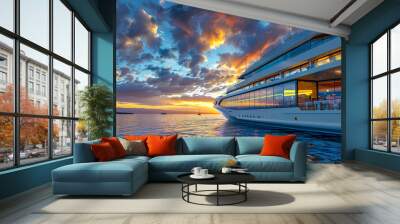 luxury cruise ship sailing on the sea at sunset, with colorful clouds in the sky and blue water. creating an atmosphere of high-end travel for passengers to enjoy a luxurious vacation experience Wall mural