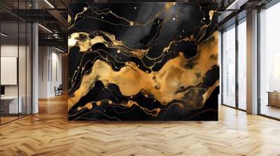 Marbled black and golden abstract background. Liquid marble ink pattern. abstract background with blue, yellow and white paint mixing in watercolor  Wall mural