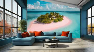 pink and blue beach, island in the middle of ocean, white sand with palm trees, turquoise water, drone shot, white clouds in sky, white structures on pink beach, dreamy Wall mural