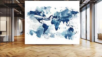 plane flying over the map with different countries on white background, flat lay. Web banner with copyspace Wall mural