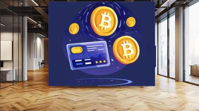 purple credit card with a gold coin in space and flying around it, white lines on a dark background, creating a futuristic atmosphere as a logo for a bitcoin exchange platform. Wall mural