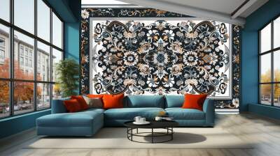 simple rectangular decorative frame with an ornate border, white background, Baroque and Rococo elements, dark grayish-blue and light beige colors Wall mural