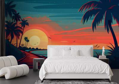 sunset over the ocean with palm trees and boardwalk, a flat design with an orange and blue color palette. Wall mural