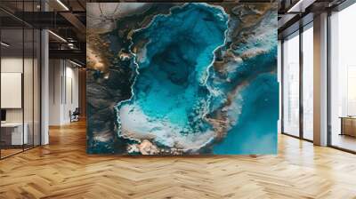 the blue hot spring in Iceland from above, A top down view of a rocky surface covered in white salt and brown mud Wall mural