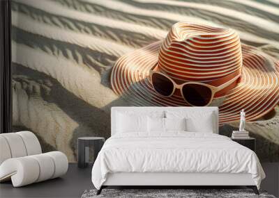 top view of the beach with an orange and white striped sun hat lying on it, sunglasses resting next to it, creating a serene summer scene. A banner format for text space at the bottom. Wall mural