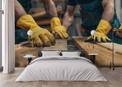 Two male carpenters in workwear and safety helmets working together with wooden planks on a table at a construction site, professional craftsmanship team building furniture using wood beams in a works Wall mural