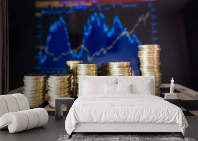 There are columns of coins on the chessboard. On the edge written Belarus. Coins with a face value of 2 rubles. In the background is a blurry stock chart. Wall mural