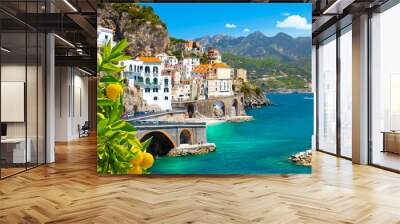 Beautiful view of Amalfi on the Mediterranean coast with lemons in the foreground, Italy Wall mural