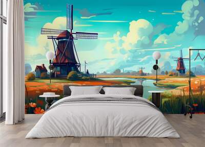 Illustration of a beautiful rural landscape with windmills Wall mural