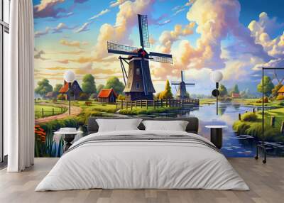 Illustration of a beautiful rural landscape with windmills Wall mural