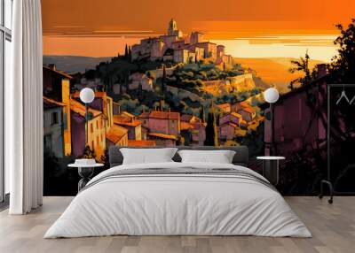 Illustration of beautiful view of Gordes, France Wall mural