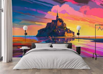 Illustration of beautiful view of Mont Saint-Michel, France Wall mural