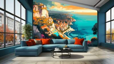 Illustration of beautiful view of Monte Carlo, Monaco Wall mural