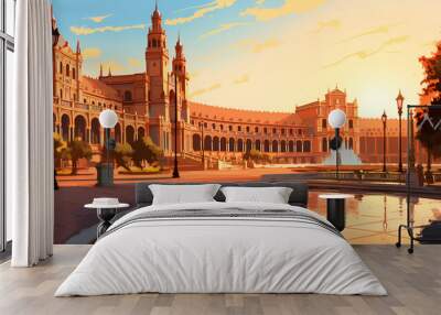 Illustration of beautiful view of the city of Sevilla, Spain Wall mural