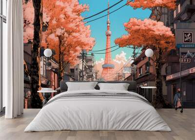 Illustration of beautiful view of the city of Tokyo, Japan Wall mural