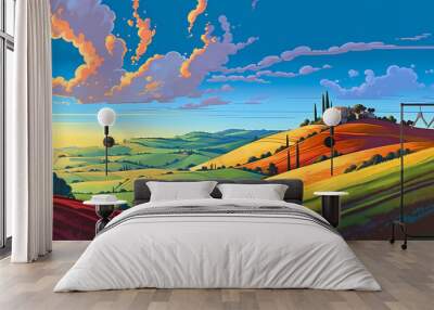 Illustration with a beautiful view of the hills of Tuscany, Italy Wall mural