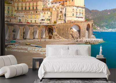 Morning view of Amalfi cityscape on coast line of mediterranean sea, Italy Wall mural