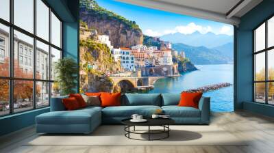 Morning view of Amalfi cityscape on coast line of mediterranean sea, Italy Wall mural