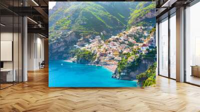 Morning view of Positano cityscape on coast line of mediterranean sea, Italy Wall mural