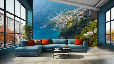 Morning view of Positano cityscape on coast line of mediterranean sea, Italy Wall mural