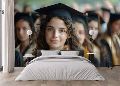 Chica adolescente sonriendo vestida con atuendo de graduacion con estola dorada rodeada de sus compañeros de clase. Wall mural