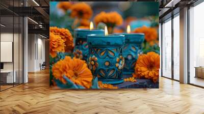 Tres Velas encendidas con flores color naranja o flores de dia de muertos. Tradiciones de otoño Wall mural